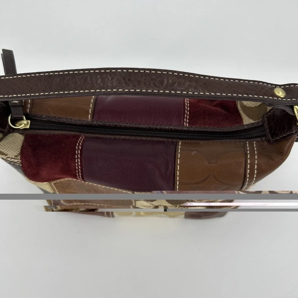 Coach Holiday Patchwork Small Hobo Bag Multi Leather Suede Jacquard Brown‎ Gold